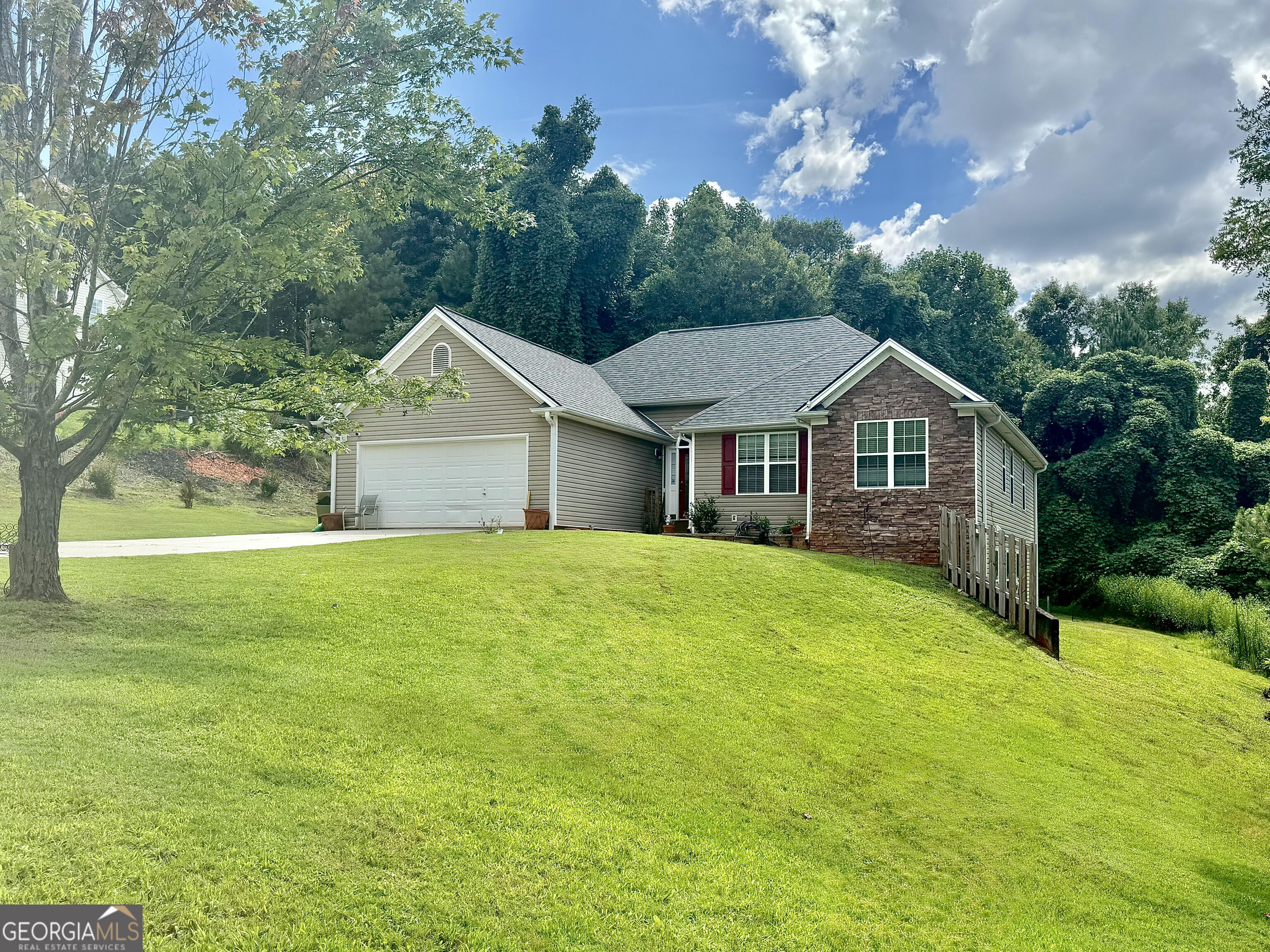 a front view of a house with yard and green space