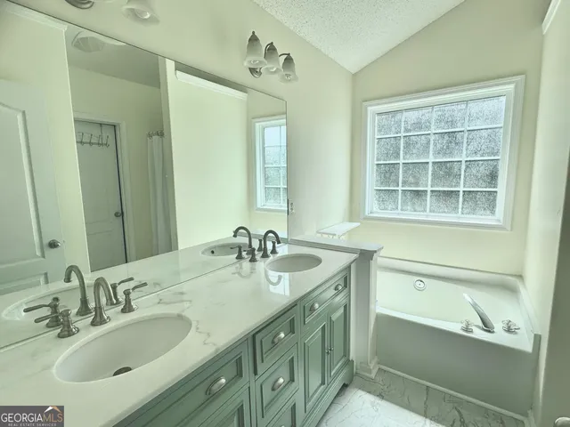 a bathroom with a sink double vanity and a tub
