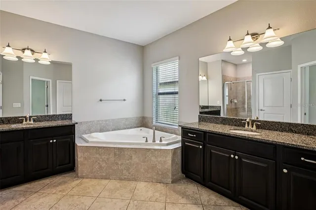 a bathroom with a tub a double vanity sink a mirror and a bathtub