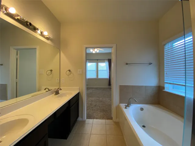 a bathroom with a tub sink and mirror