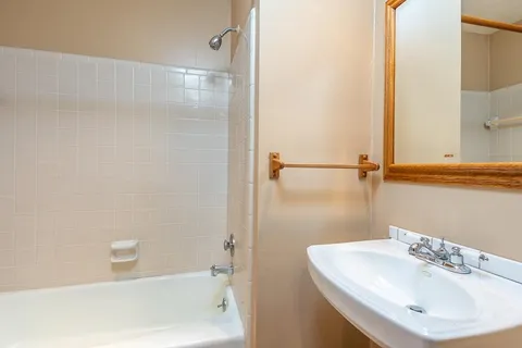 a bathroom with a sink a mirror and a bathtub