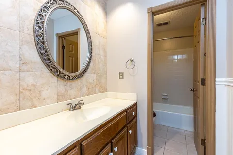 a bathroom with a sink and a mirror