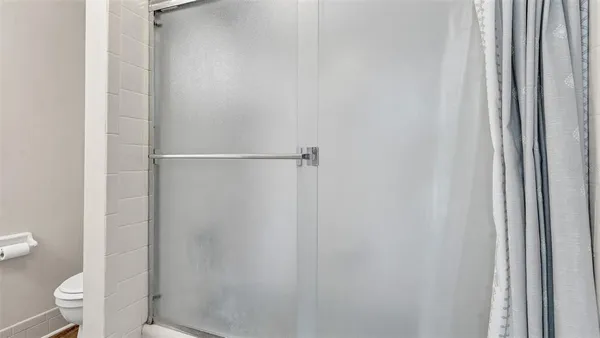 a bathroom with a shower and a toilet