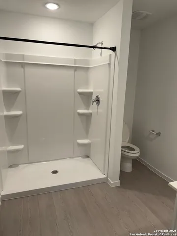 a bathroom with a shower and a toilet
