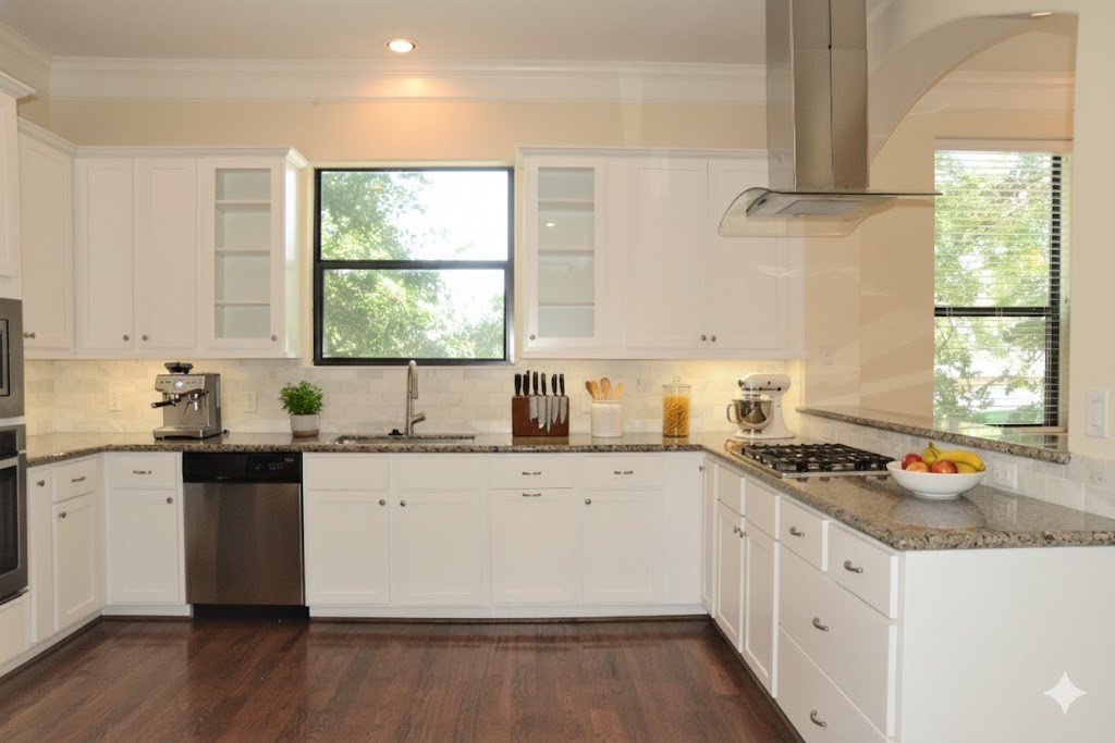 615 West 27th Street, Unit B Houston, TX 77008 - Photo 2 of 9 a kitchen with granite countertop a sink a window stainless steel appliances and cabinets
