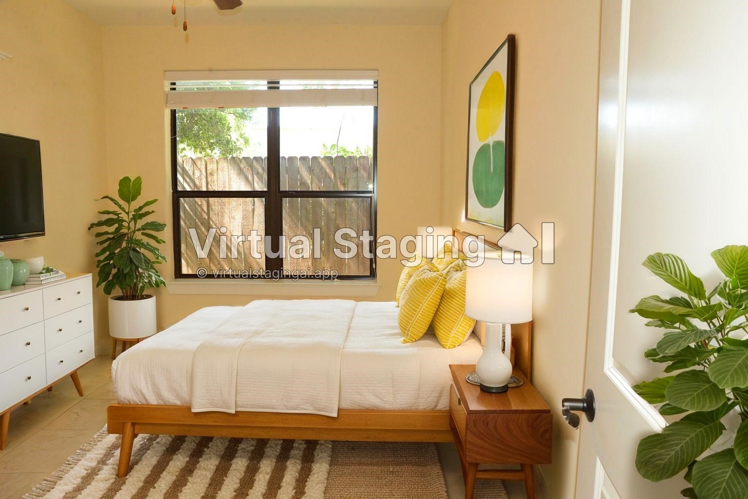 615 West 27th Street, Unit B Houston, TX 77008 - Photo 6 of 9 a bedroom with a bed lamp and a potted plant