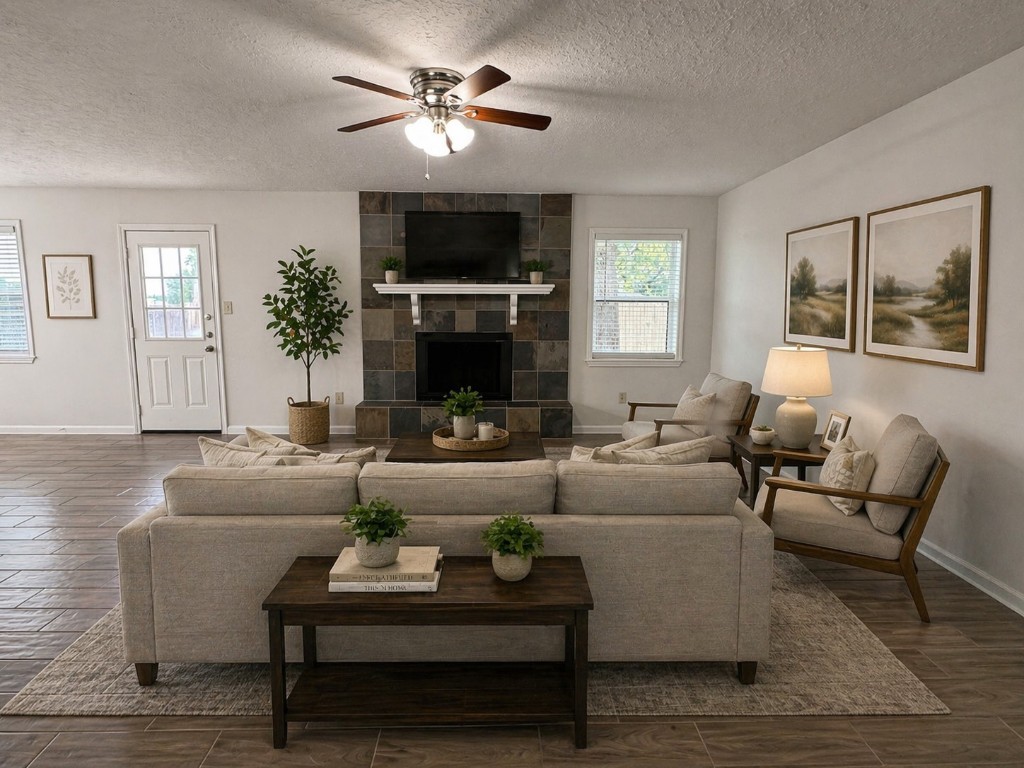 2402 Barak Lane Bryan, TX 77802 - Photo 6 of 25 a living room with furniture a fireplace and a flat screen tv