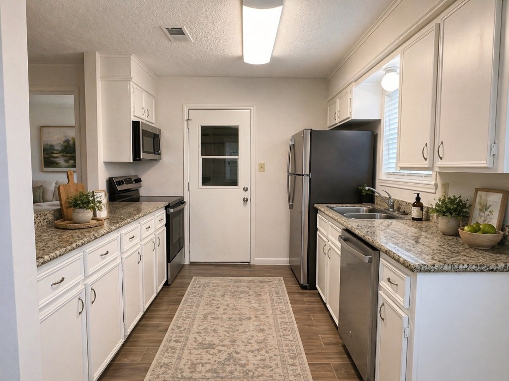 2402 Barak Lane Bryan, TX 77802 - Photo 8 of 25 a kitchen with granite countertop a sink stove refrigerator and cabinets