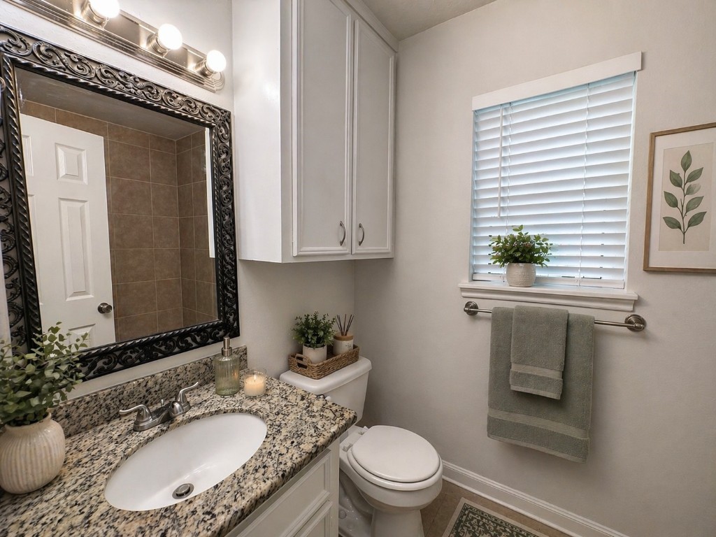 2402 Barak Lane Bryan, TX 77802 - Photo 10 of 25 a bathroom with a granite countertop sink toilet and mirror