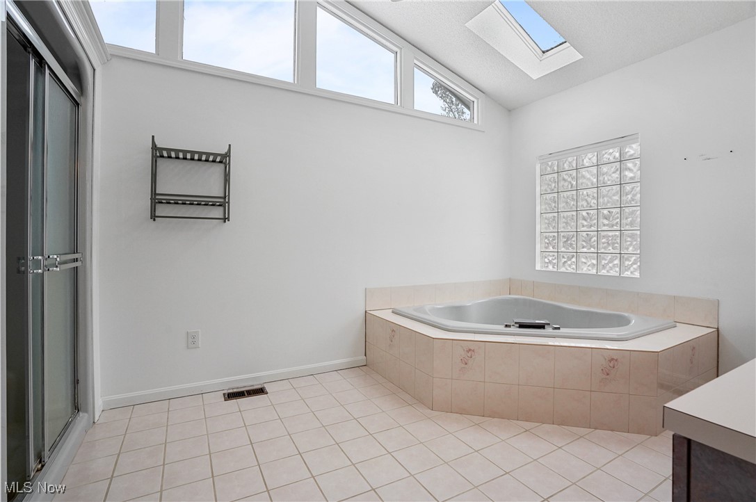 1094 San Raphael Drive Akron, OH 44333 - Photo 32 of 50 Bathroom with light tile patterned floors, a shower stall, a skylight, vanity, and a garden tub