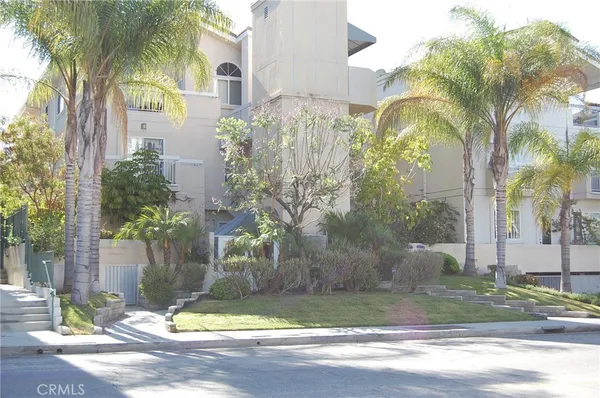 a view of a palm trees front of house