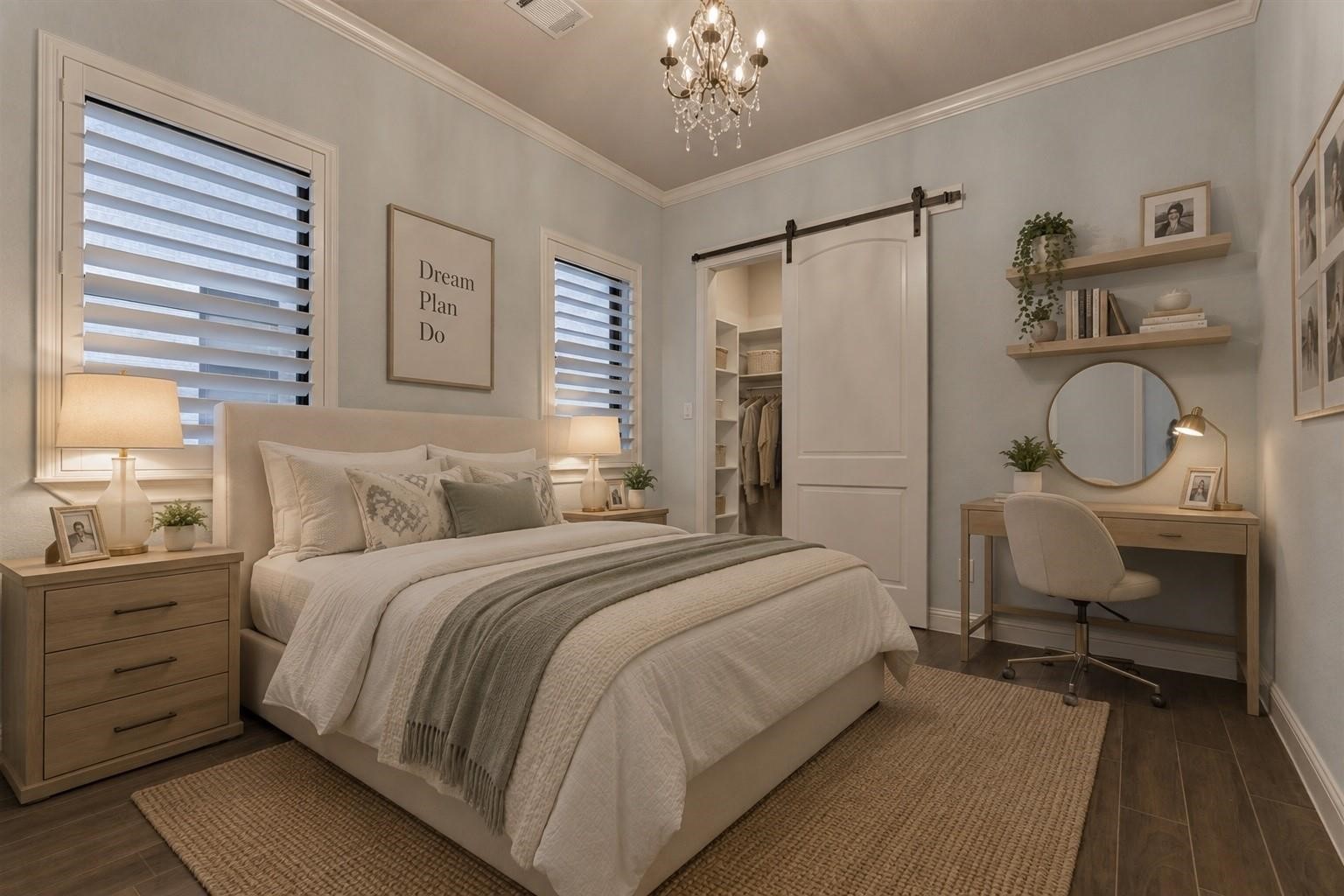 11618 Renaissance Drive Montgomery, TX 77356 - Photo 26 of 47 The second guest bedroom also has custom wood shutters, a cute chandelier and walk-in closet with built-in cabinetry. Virtually staged.