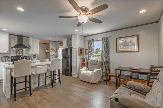 a living room with furniture and a kitchen view