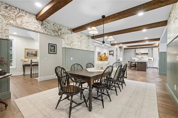 a view of a dining room with furniture