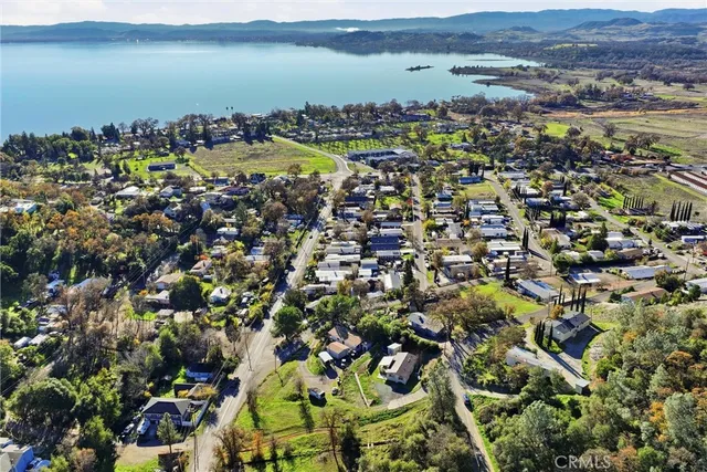 an aerial view of house with a swimming pool
