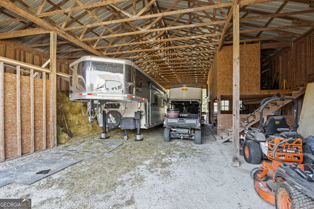 a view of a yard with plants and large trees