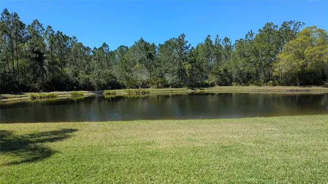 a view of a lake with a yard and mountain view
