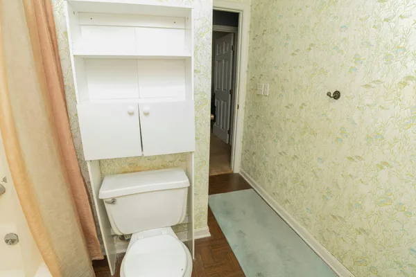 a bathroom with a toilet and a shower