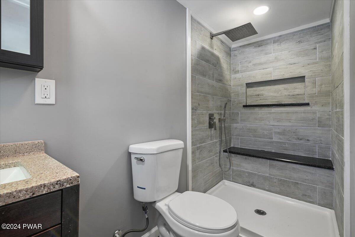 166 Skyview Road Dingmans Ferry, PA 18328 - Photo 26 of 44 a bathroom with a granite countertop toilet a sink and shower