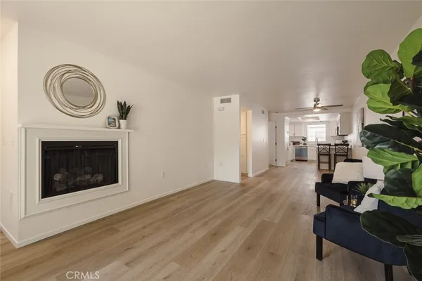 a living room with furniture a fireplace and a potted plant
