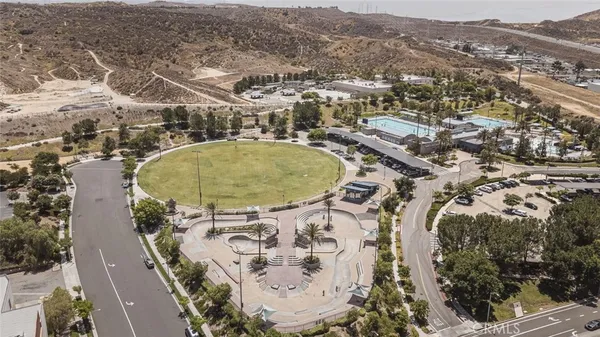 an aerial view of a swimming pool