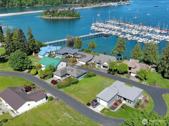 an aerial view of a house with a lake view