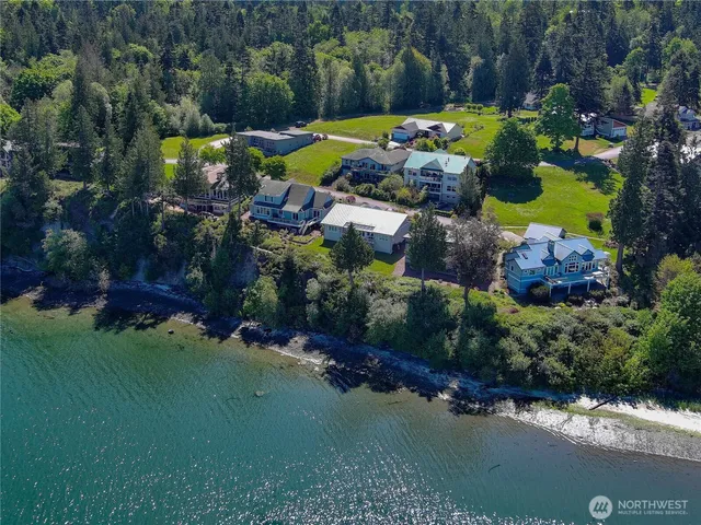 an aerial view of a house with a garden and swimming pool