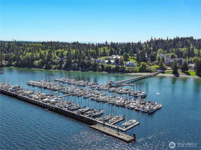 aerial view of a house with wooden floor and lake view