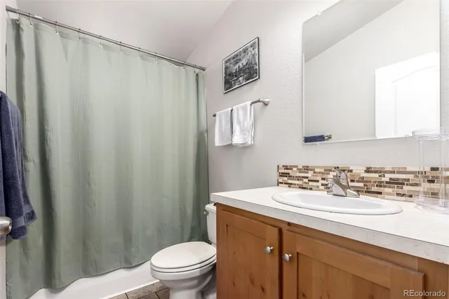 a bathroom with a sink a toilet and shower curtain