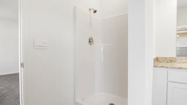 a bathroom with a granite countertop shower and a sink