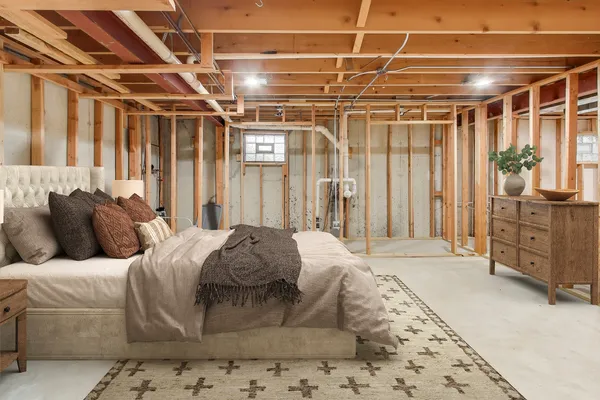 a living room with a bed and furniture