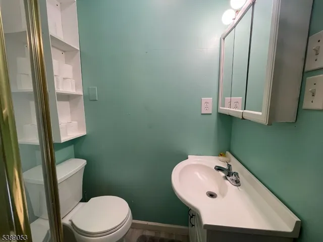 a bathroom with a sink mirror and toilet