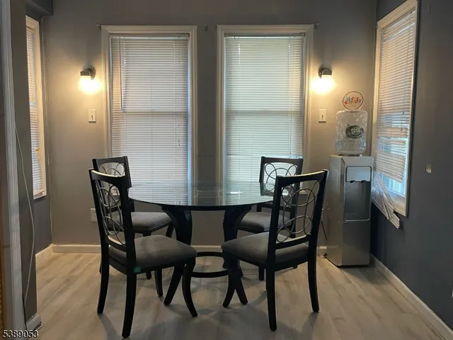 a view of a dining room with furniture