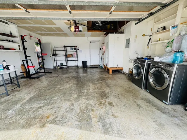 a garden view with a seating space