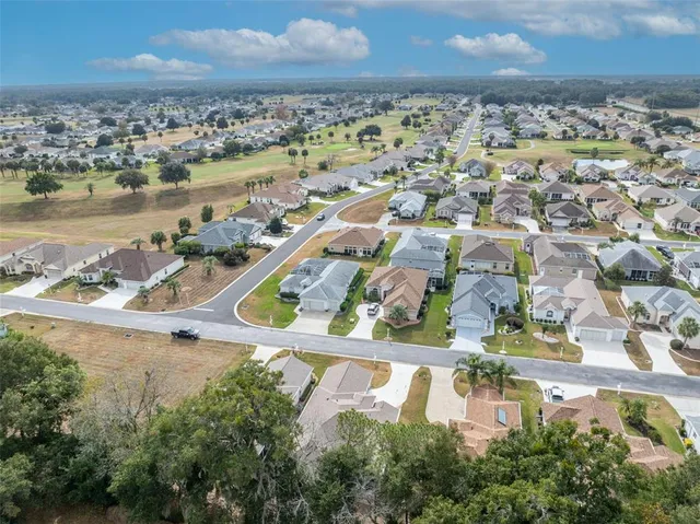 an aerial view of a house with a yard and large trees