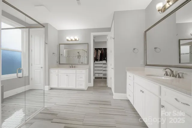a bathroom with a sink a mirror and a shower