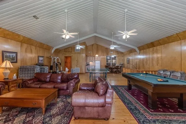 a lobby with furniture
