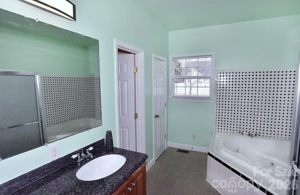 a bathroom with a sink double vanity granite tub shower and a mirror