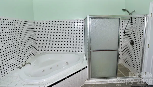 a bathroom with a bathtub and shower