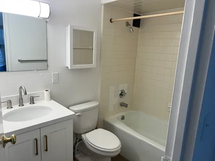 a bathroom with a sink a mirror toilet and bathtub