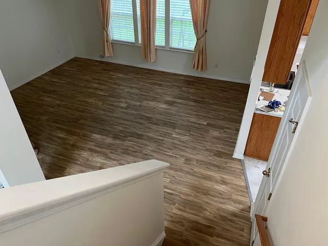 a view of a yard with plants and trees