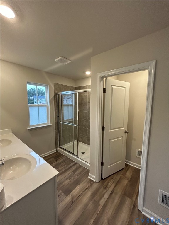 16040 Abelson Way, Unit 16040 Chesterfield, VA 23832 - Photo 17 of 20 a spacious bathroom with a granite countertop sink a mirror and a shower
