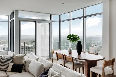 a living room with furniture and a potted plant