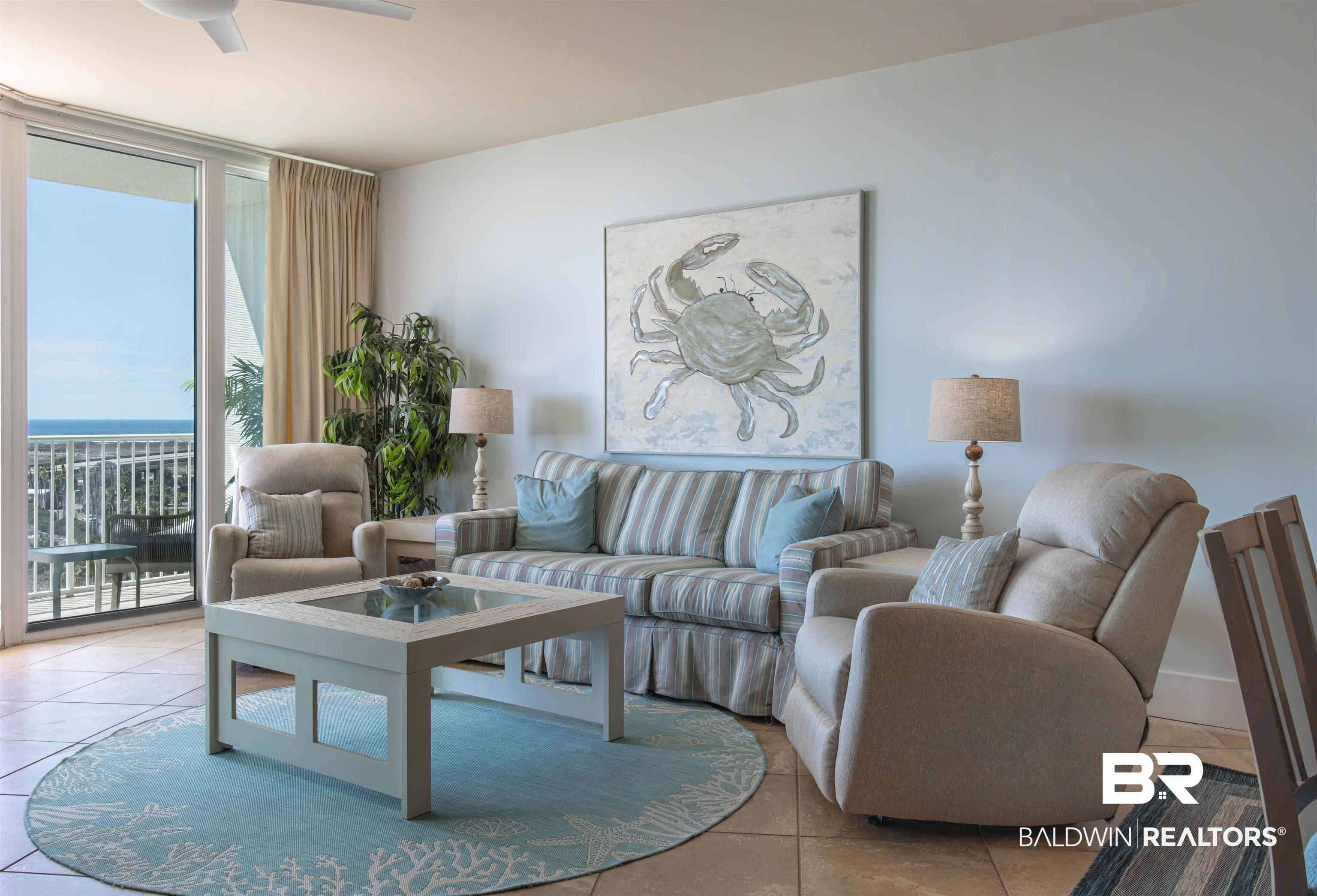 28107 Perdido Beach Boulevard, Unit D714 Orange Beach, AL 36561 - Photo 6 of 88 Living room featuring light tile patterned floors, a wall of windows, and ceiling fan