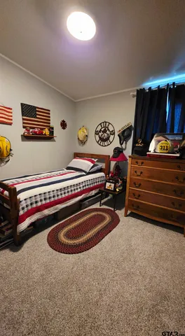 a bedroom with furniture and a rug