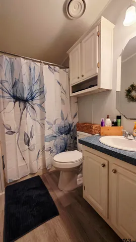 a bathroom with a granite countertop sink and a toilet