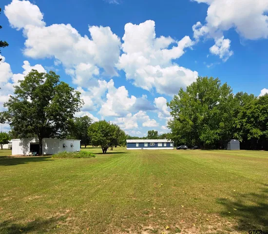a view of yard with swimming pool and trees in the background