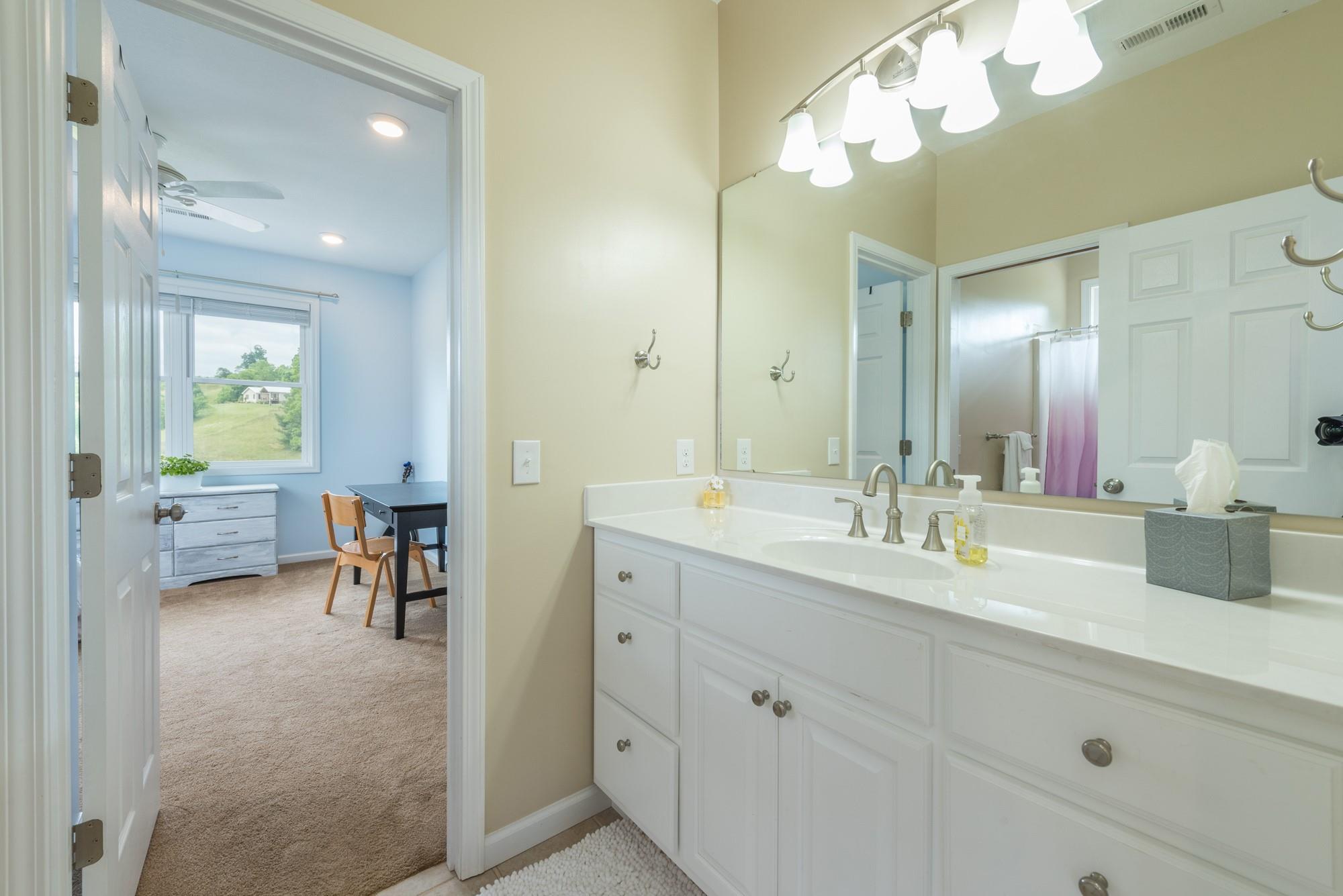 750 Iron Tree Drive Clyde, NC 28721 - Photo 36 of 40 a bathroom with a double vanity sink and a mirror