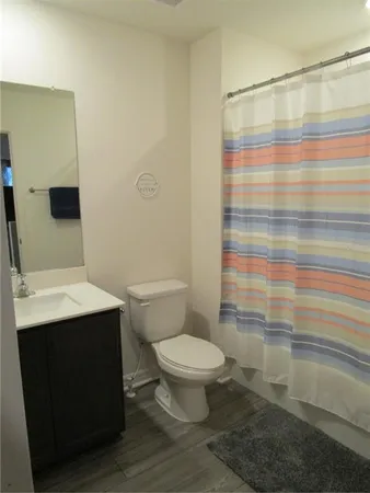 a bathroom with a sink a toilet a mirror and shower curtain
