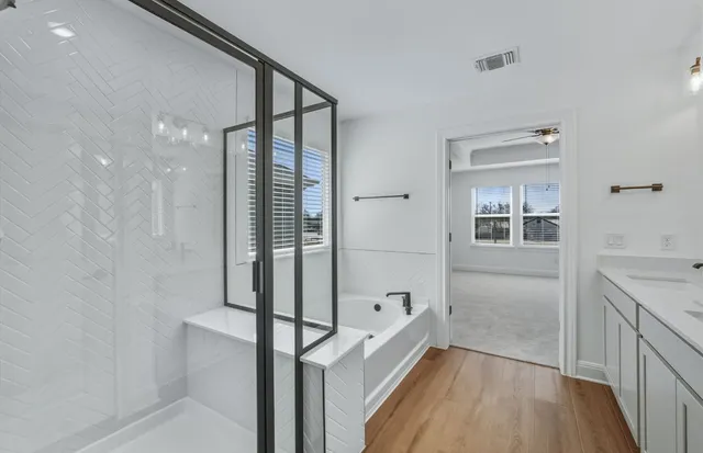 a bathroom with a bathtub and a shower